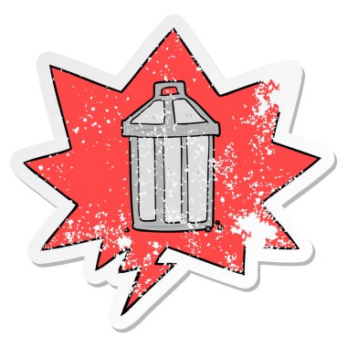 karikatür eski metal çöp kutusu ve konuşma balonu sıkıntılı sopa