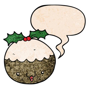 retro textur sevimli karikatür noel puding ve konuşma balonu