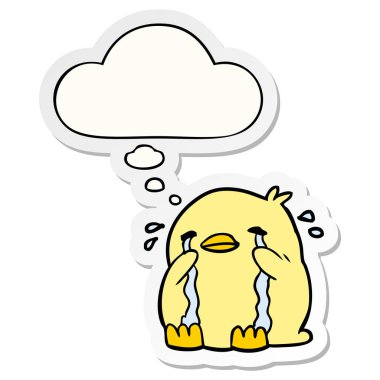 karikatür ağlayan kuş ve baskılı bir etiket olarak kabarcık düşünce