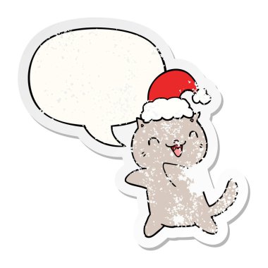 sevimli karikatür noel kedi ve konuşma balonu sıkıntılı etiket