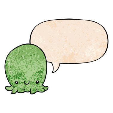 retro doku tarzında sevimli karikatür ahtapot ve konuşma balonu