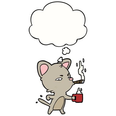 kahve ve puro ve düşünce balonu ile karikatür kedi