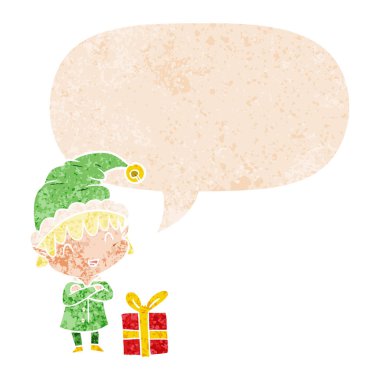 retro dokulu karikatür mutlu noel elf ve konuşma balonu 
