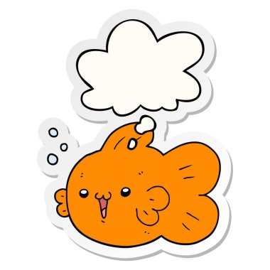 karikatür balık ve baskılı bir etiket olarak kabarcık düşünce