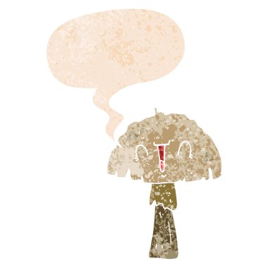 retro dokulu tarzda karikatür mantar ve konuşma balonu