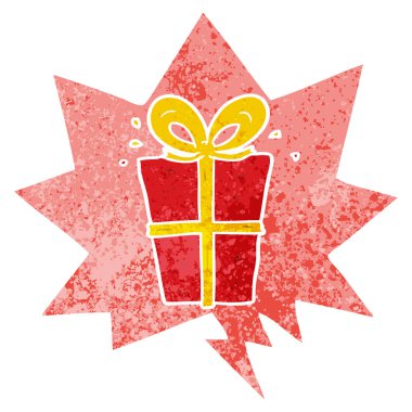 retro dokulu tarzda karikatür sarılmış hediye ve konuşma balonu