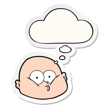 karikatür meraklı kel adam ve baskılı bir etiket olarak kabarcık düşünce