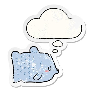 karikatür balık ve sıkıntılı yıpranmış etiket olarak kabarcık düşünce