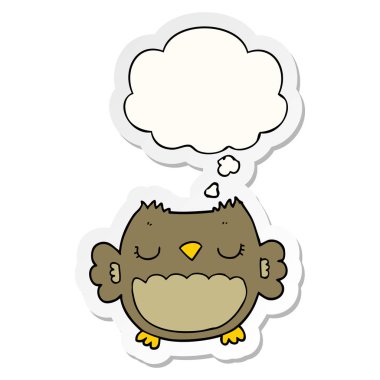 sevimli karikatür baykuş ve basılı bir etiket olarak kabarcık düşünce