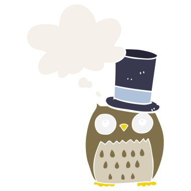 çizgi film baykuş üst şapka giyen ve retro tarzında kabarcık düşünce