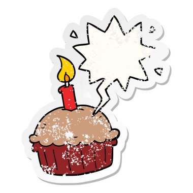 karikatür doğum günü cupcake ve konuşma balonu sıkıntılı etiket