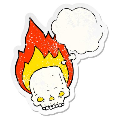 ürkütücü karikatür yanan kafatası ve sıkıntılı olarak kabarcık düşünce 