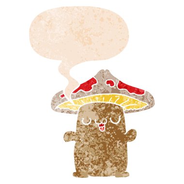 retro dokulu st karikatür mantar yaratık ve konuşma balonu