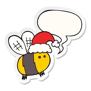 sevimli karikatür arı noel şapka ve konuşma kabarcık etiket giyen
