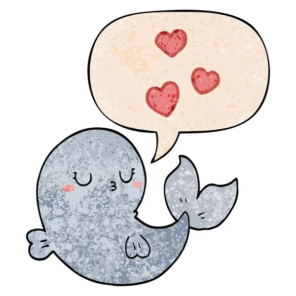Cute cartoon whale in love and speech bubble in retro texture st — Stock Vector