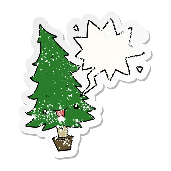 Carino albero di Natale cartone animato e adesivo bolla vocale angosciato — Vettoriale Stock