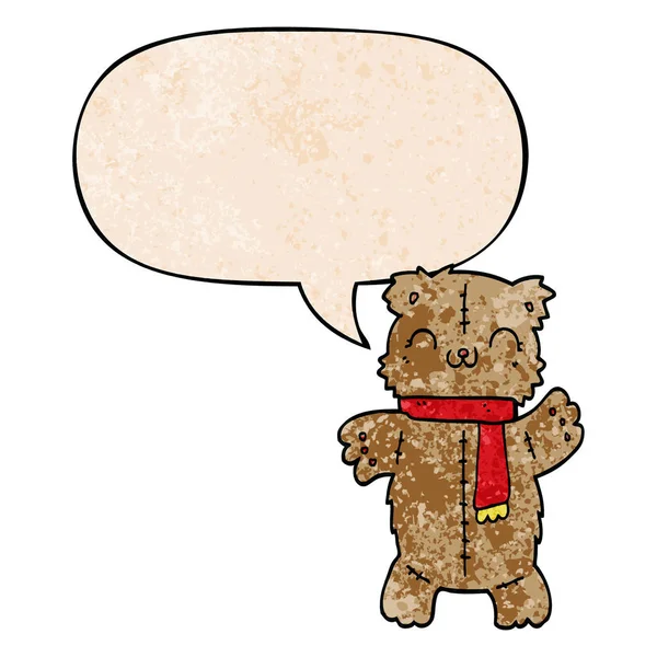Urso de pelúcia de desenhos animados e bolha de fala em estilo de textura retro — Vetor de Stock
