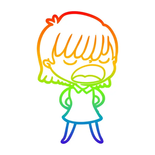 Rainbow gradient line drawing cartoon woman talking loudly — Stock Vector