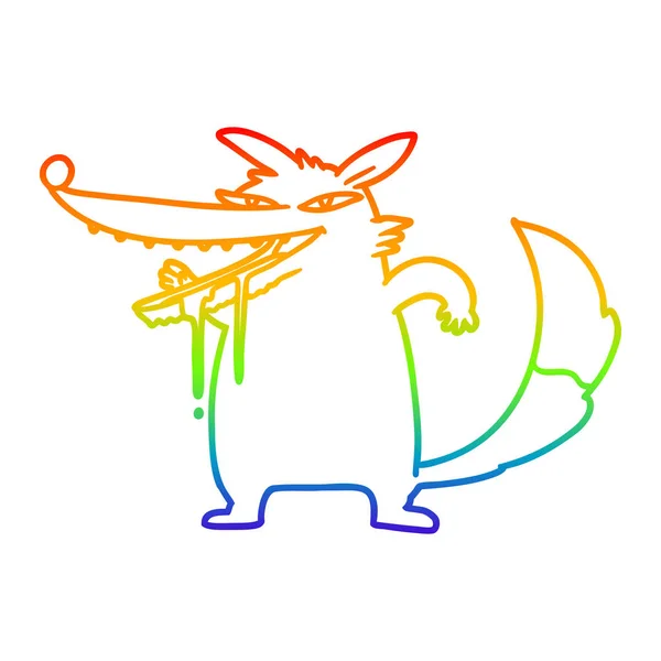 Rainbow gradient linje ritning hungrig tecknad varg — Stock vektor