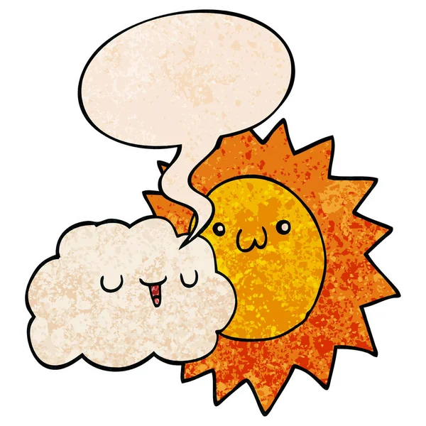 Cartoon sun and cloud and speech bubble in retro texture style — Stock Vector