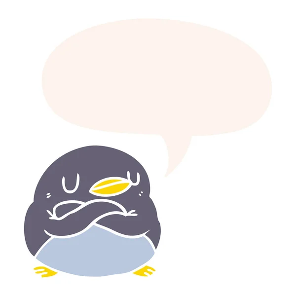 Karikatür penguen ve retro stilde kollar ve konuşma balonu çapraz — Stok Vektör