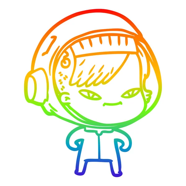 虹のグラデーションライン描画漫画宇宙飛行士の女性 — ストックベクタ