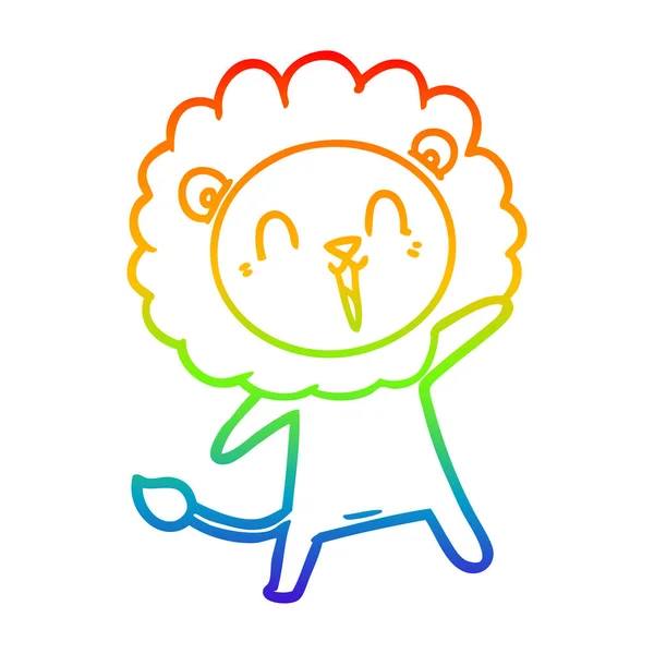 Rainbow gradient line drawing laughing lion cartoon — Stock Vector