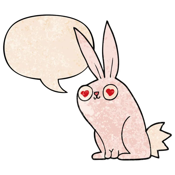 Coniglio cartone animato coniglio in amore e la bolla discorso in texture retrò — Vettoriale Stock