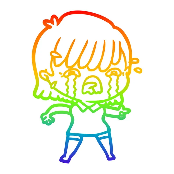 Rainbow gradient line drawing cartoon girl crying — Stock Vector