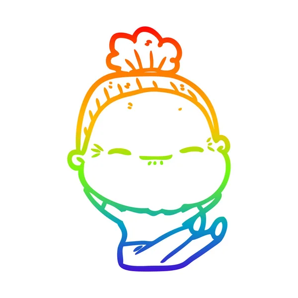 Regenboog gradiënt lijntekening cartoon vreedzame oude vrouw — Stockvector