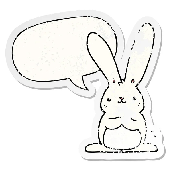 Cartoon konijn en toespraak bubble noodlijdende sticker — Stockvector