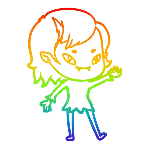 Arco iris gradiente línea dibujo dibujos animados amigable vampiro chica — Vector de stock