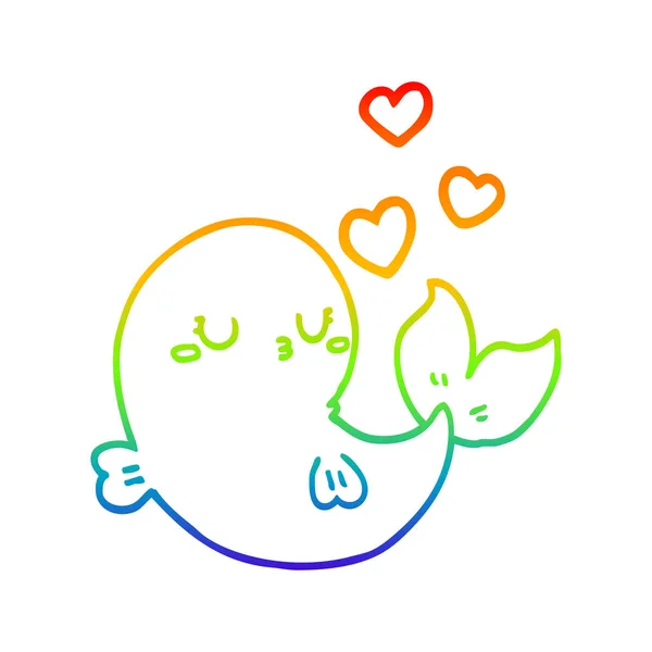 Rainbow gradient ligne dessin mignon dessin animé baleine en amour — Image vectorielle