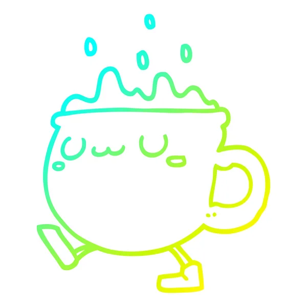 Línea de gradiente frío dibujo dibujos animados taza de café caminando — Vector de stock