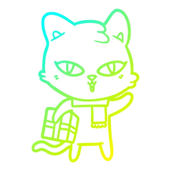 Kalter Gradienten Linie Zeichnung Cartoon Katze mit einem Geschenk — Stockvektor