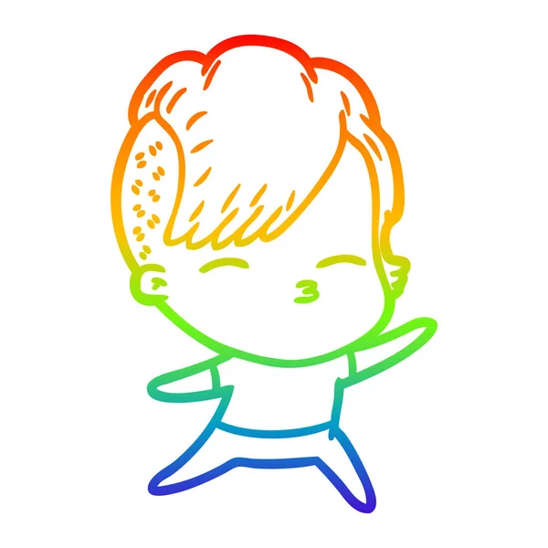 Rainbow gradient line drawing cartoon squinting girl — Stock Vector