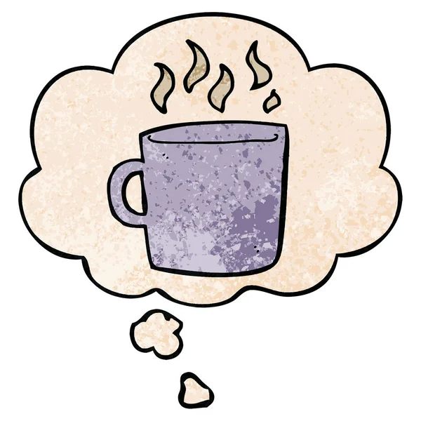 Fumetto tazza calda di caffè e bolla di pensiero in grunge texture p — Vettoriale Stock