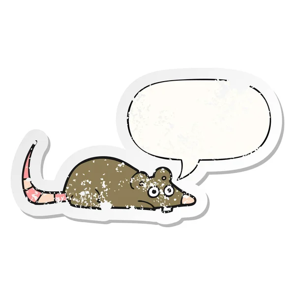 Cartoon muis en toespraak bubble noodlijdende sticker — Stockvector