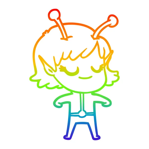 Regenboog gradiënt lijntekening lachende buitenaardse meisje cartoon — Stockvector