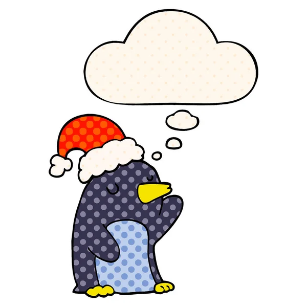 Lindo pingüino de Navidad de dibujos animados y burbuja de pensamiento en el cómic — Vector de stock