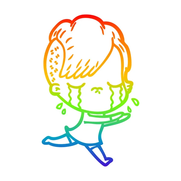 Arco-íris linha gradiente desenho cartoon chorando menina fugindo — Vetor de Stock