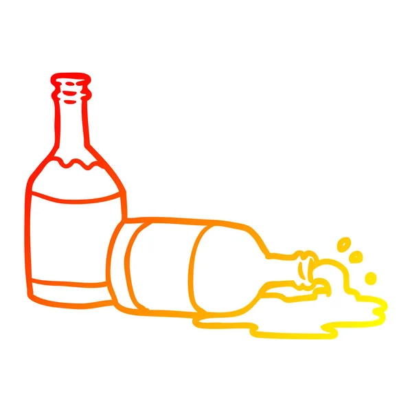 Ciepły gradient linii rysunek butelki piwa z rozlanym piwem — Wektor stockowy