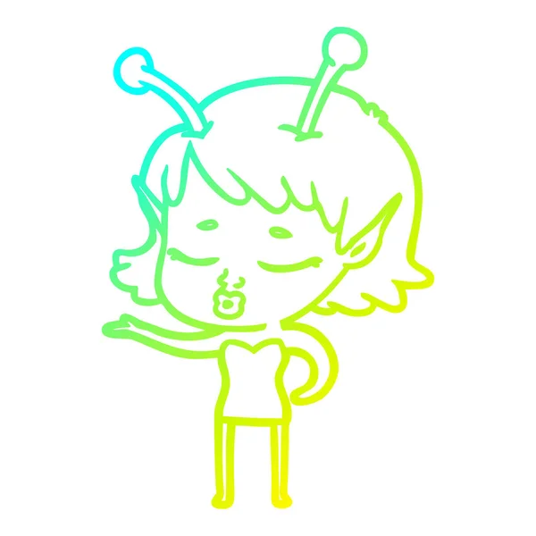 Cold gradient line drawing cute alien girl cartoon — стоковый вектор