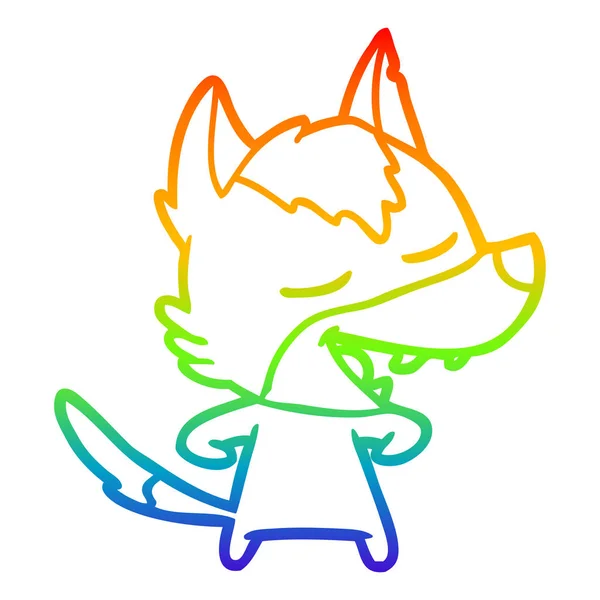 Linea gradiente arcobaleno disegno cartone animato lupo ridere — Vettoriale Stock