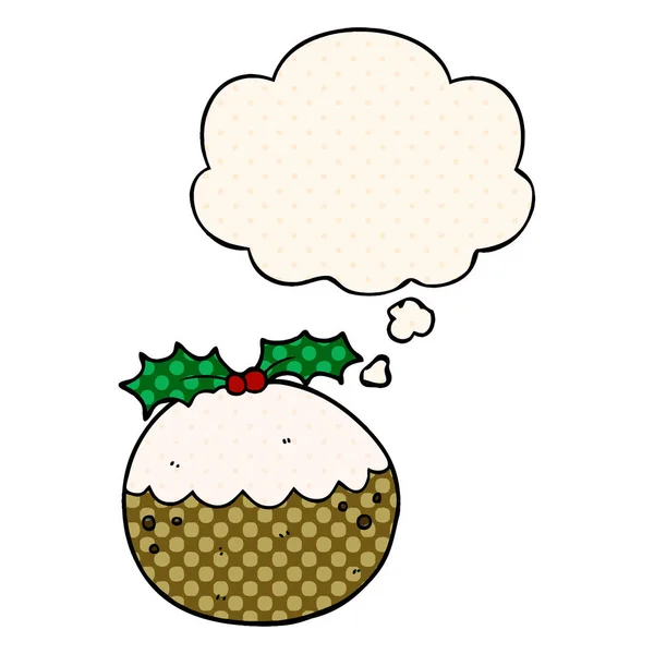 Pudding de Noël dessin animé et bulle de pensée dans le style de bande dessinée — Image vectorielle