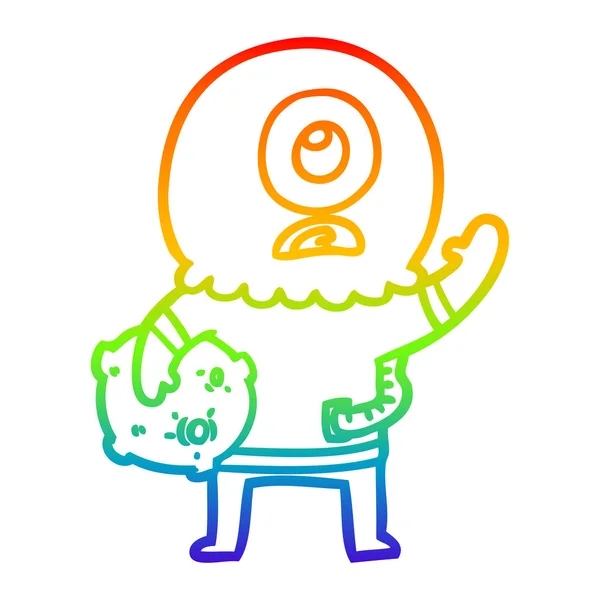 虹のグラデーションライン描画漫画サイクロプスエイリアン宇宙飛行士の波 — ストックベクタ