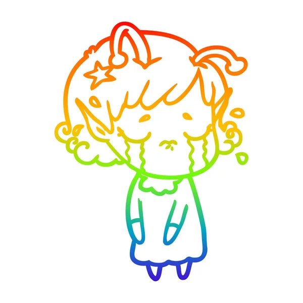 Arco-íris linha gradiente desenho desenhos animados chorando menina alienígena — Vetor de Stock
