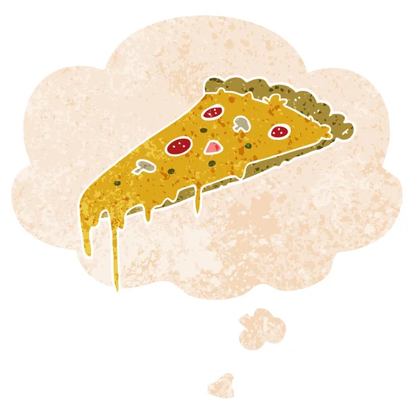 Cartoon pizza slice and thought bubble in retro textured style — Stock Vector