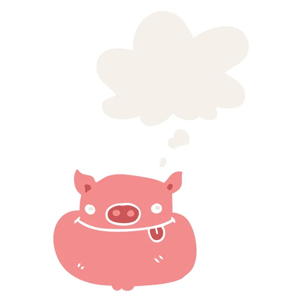Caricatura feliz cara de cerdo y burbuja de pensamiento en estilo retro — Archivo Imágenes Vectoriales