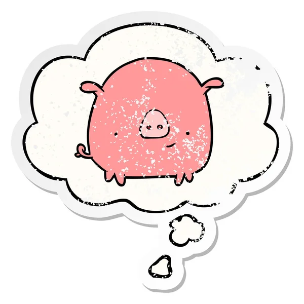 Kartun babi dan berpikir gelembung sebagai stiker tertekan usang - Stok Vektor
